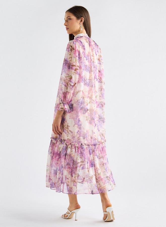 سبلاش فيڤ فستان بطبعات زهرية وياقة ماندرين وأكمام منفوخة وحافة واسعة - Image 3