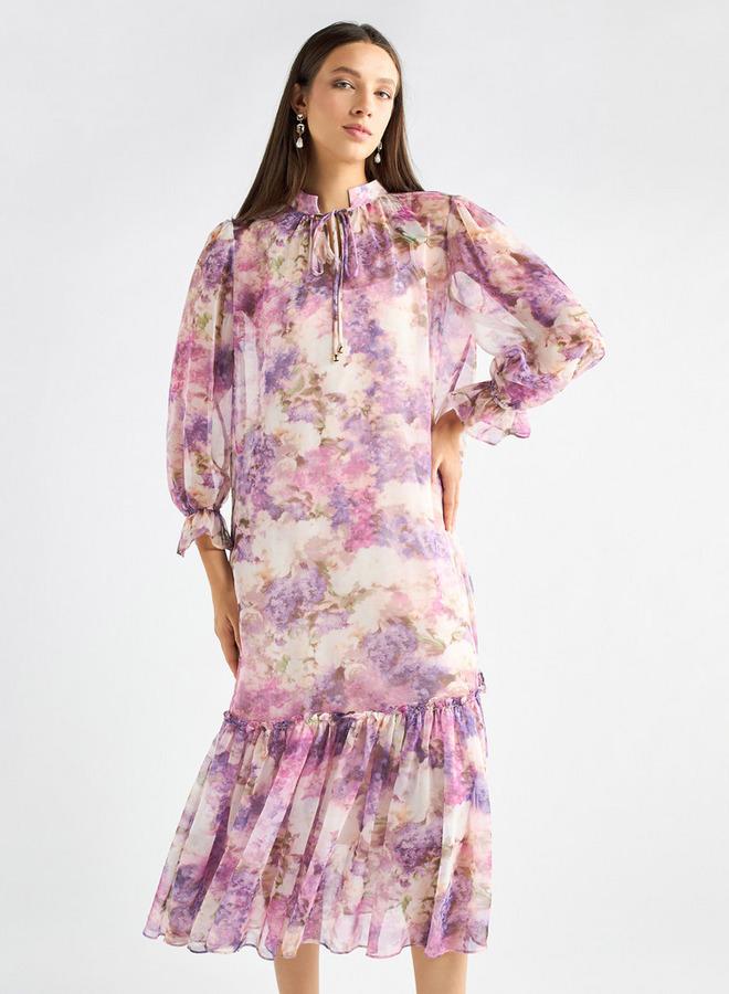 سبلاش فيڤ فستان بطبعات زهرية وياقة ماندرين وأكمام منفوخة وحافة واسعة - Image 1