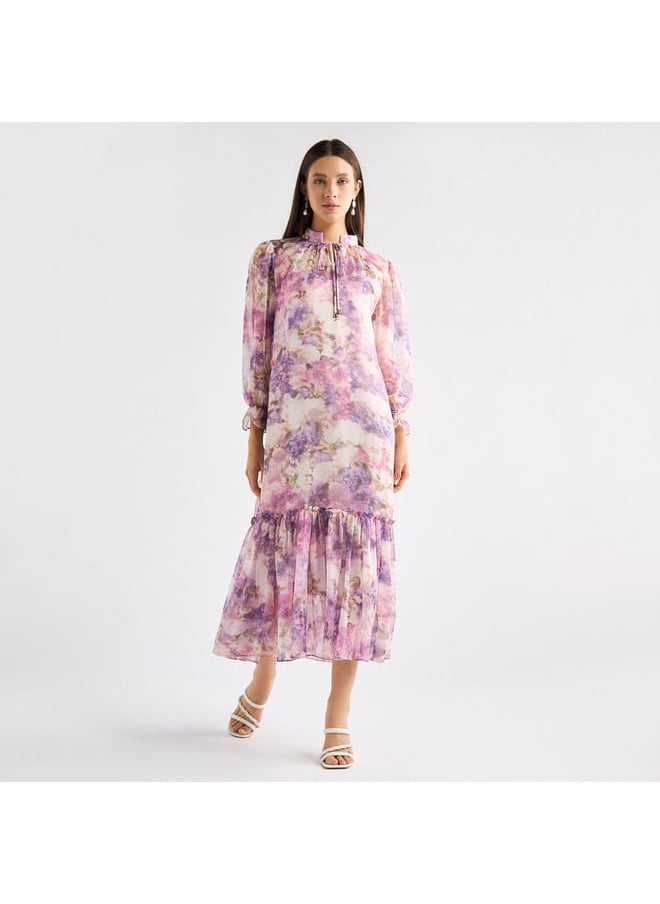 FAV All-Over Floral Print Mandarin Collar Dress with Volume Sleeves and Flounce Hem  - Image 2