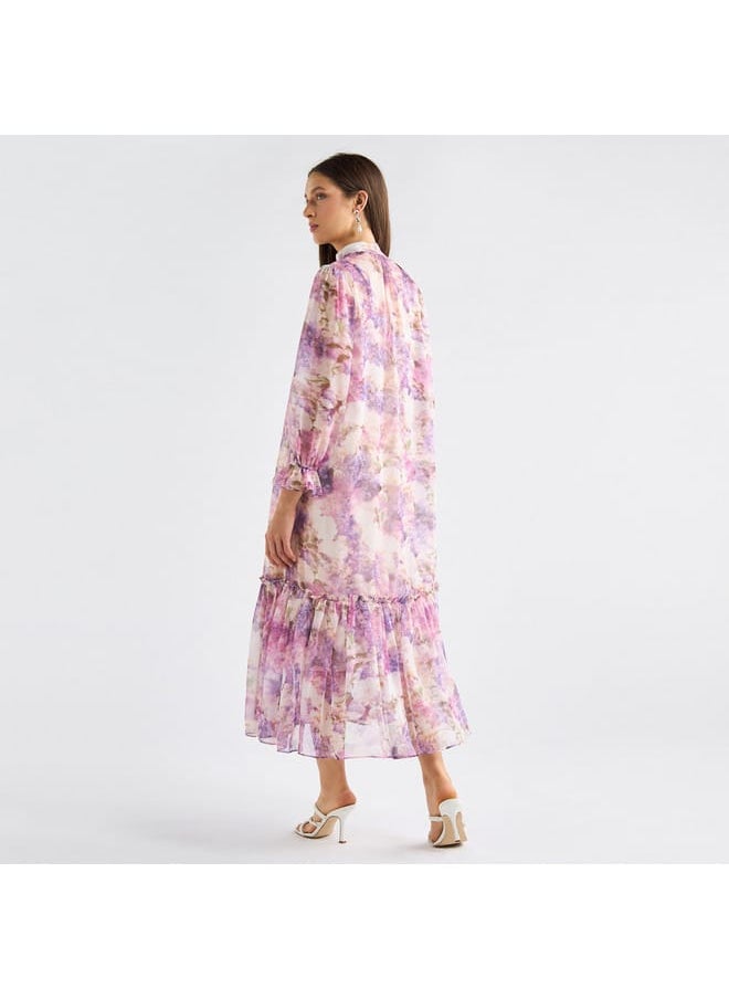 FAV All-Over Floral Print Mandarin Collar Dress with Volume Sleeves and Flounce Hem  - Image 3