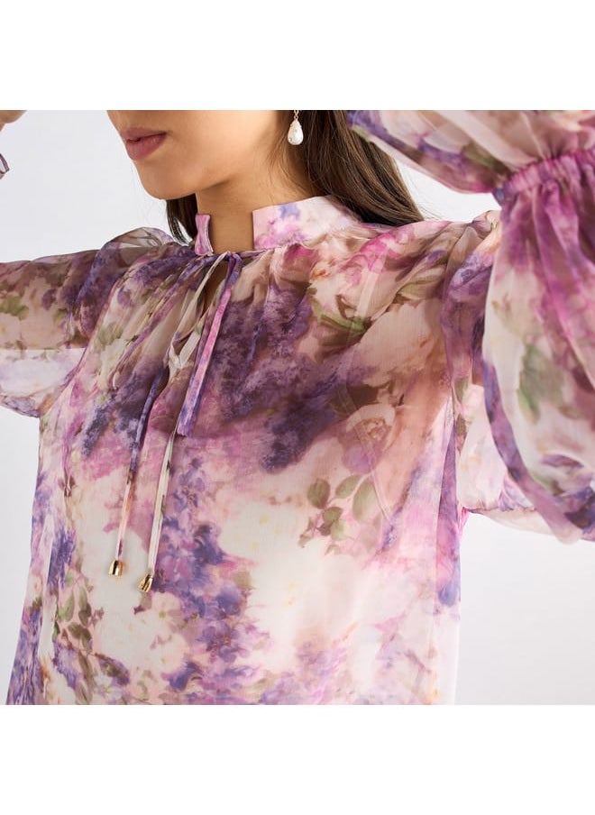 FAV All-Over Floral Print Mandarin Collar Dress with Volume Sleeves and Flounce Hem  - Image 4