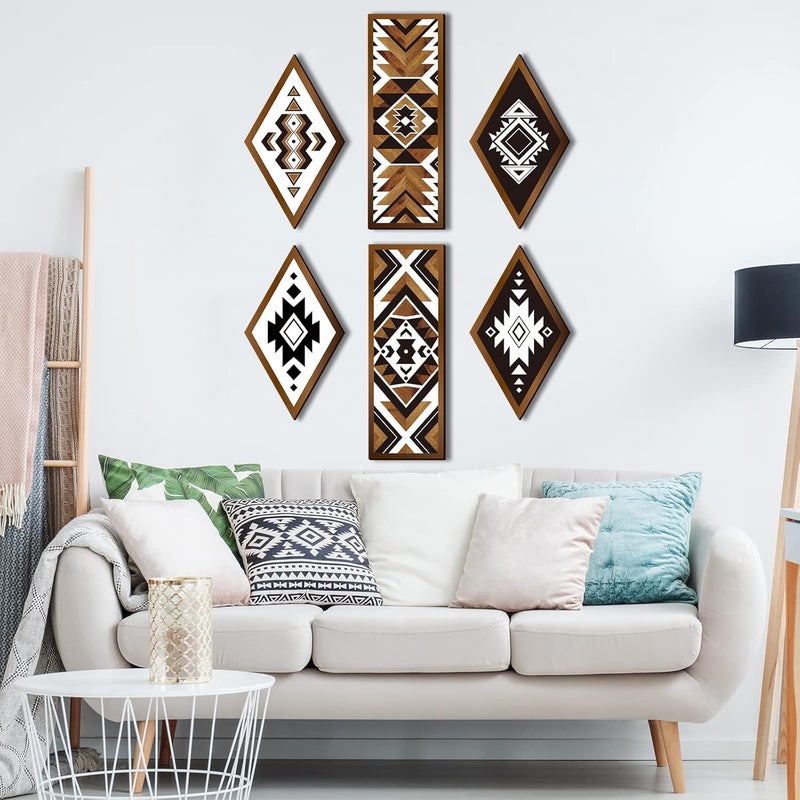 Tatuo 6 Pcs Farmhouse Southwest Home Wall Decor Frame Wall Hanging Boho Modern Abstract Art Prints Wooden Decorations for Bedroom Bathroom Apartment Mexican Farmhouse Wall Decor(Rhombus, Rectangle) - Image 4