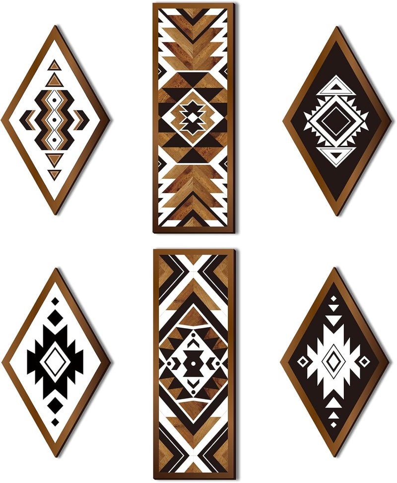 Tatuo 6 Pcs Farmhouse Southwest Home Wall Decor Frame Wall Hanging Boho Modern Abstract Art Prints Wooden Decorations for Bedroom Bathroom Apartment Mexican Farmhouse Wall Decor(Rhombus, Rectangle) - Image 1