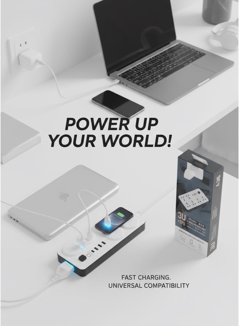 O8.design 6 Outlet Power Extension With 3 USB Ports And Type-C White With Child Safety Covers - Image 1