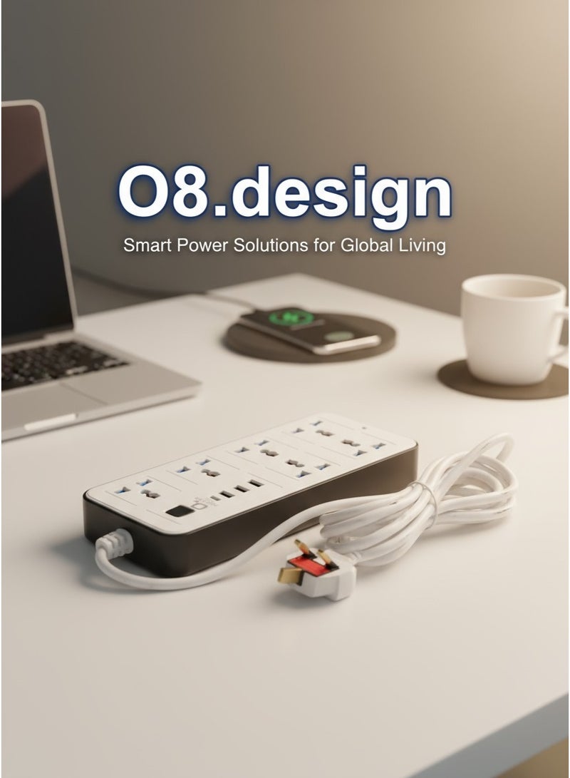 O8.design 6 Outlet Power Extension With 3 USB Ports And Type-C White With Child Safety Covers - Image 3