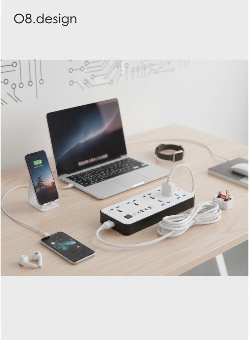 O8.design 6 Outlet Power Extension With 3 USB Ports And Type-C White With Child Safety Covers - Image 5