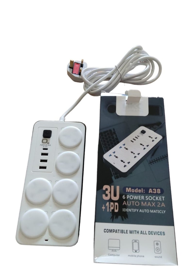 O8.design 6 Outlet Power Extension With 3 USB Ports And Type-C White With Child Safety Covers  - Image 1