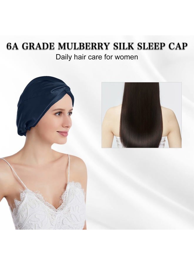 SOBONNY Silk Sleep Cap for Hair Care, Double-side Two layer Natural 100% Mulberry Silk Bonnet for Curly Hair Sleeping , Night Bonnet Headwear for Women, Navy 1pcs - Image 2