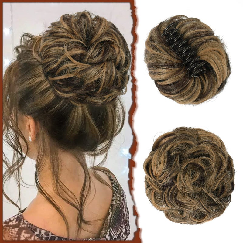 Sofeiyan Claw Clip Messy Bun Hairpieces Wavy Curly Hair Bun Clip in Claw Chignon Ponytail Hairpiece Tousled Updo Hair Extensions Synthetic Scrunchie Hair Piece for Women BrownCaramel Blonde