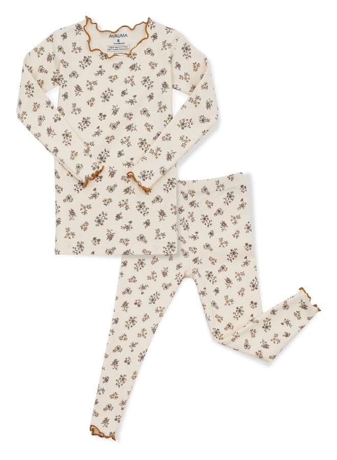 AVAUMA Baby Boys Girls Pajama Set 6M-7T Kids Cute Toddler Snug fit Flower Pattern Design Pjs Cotton Sleepwear Ruffled Shirring (Laura.Ivory/BrFlower.S) - Image 1