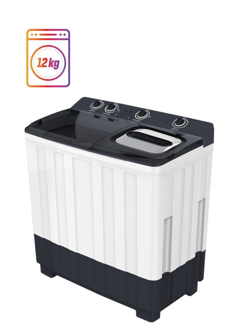 TORNADO Twin Tub washing machine 12KG Wash / 7KG Spin, Semi-Automatic – Transparent Lid, 4 Knobs, Low Base – Powerful & Energy-Efficient – TWK-TN12WOXSK