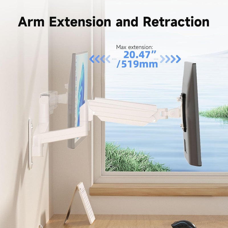 سوبتيكس حامل شاشة سوبتيك للجدار للشاشات LED/LCD/TV مقاس 13-32 بوصة حتى 9 كجم، حامل شاشة مزود بنابض غاز قابل للتعديل بالكامل، قابل لضبط الارتفاع، والميل، والدوران، والاستدارة، VESA 75/100، أبيض - Image 3