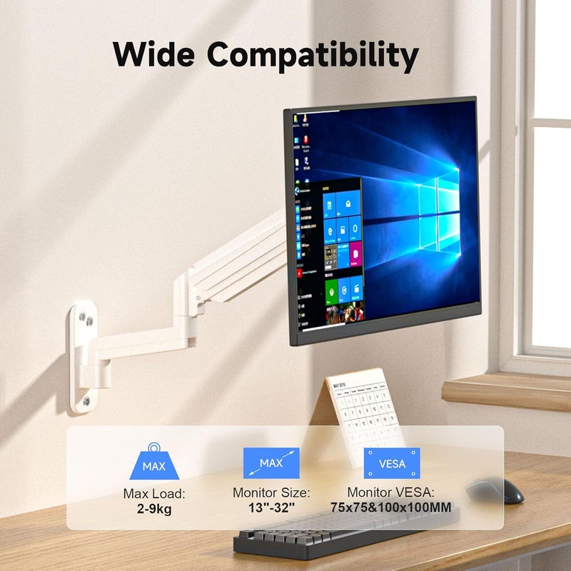 سوبتيكس حامل شاشة سوبتيك للجدار للشاشات LED/LCD/TV مقاس 13-32 بوصة حتى 9 كجم، حامل شاشة مزود بنابض غاز قابل للتعديل بالكامل، قابل لضبط الارتفاع، والميل، والدوران، والاستدارة، VESA 75/100، أبيض - Image 2
