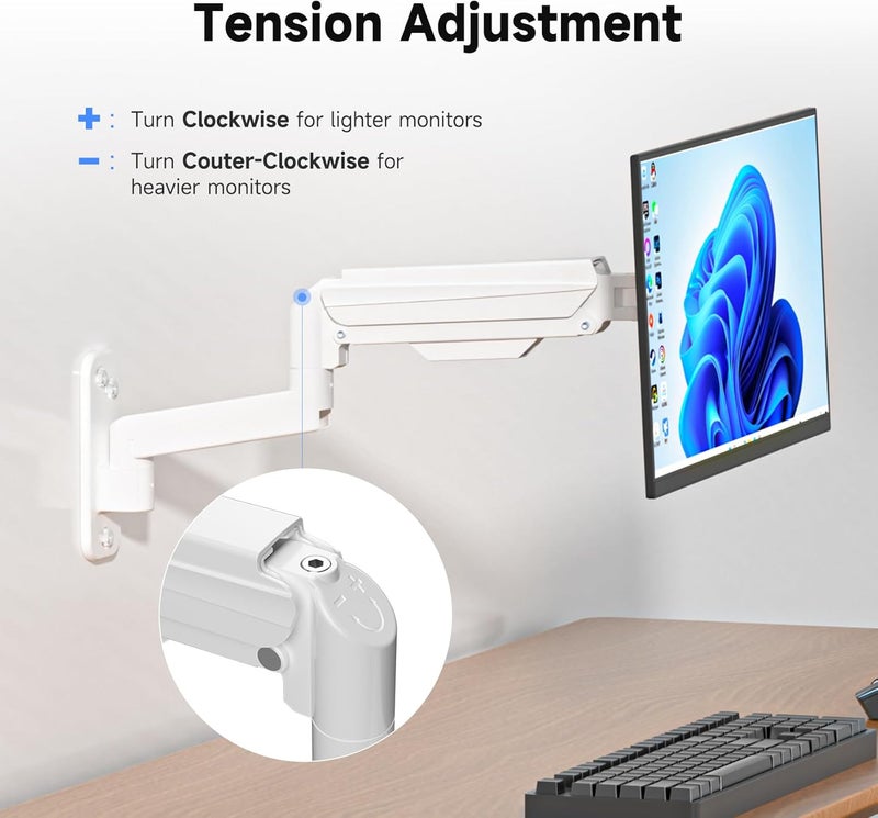 سوبتيكس حامل شاشة سوبتيك للجدار للشاشات LED/LCD/TV مقاس 13-32 بوصة حتى 9 كجم، حامل شاشة مزود بنابض غاز قابل للتعديل بالكامل، قابل لضبط الارتفاع، والميل، والدوران، والاستدارة، VESA 75/100، أبيض - Image 5
