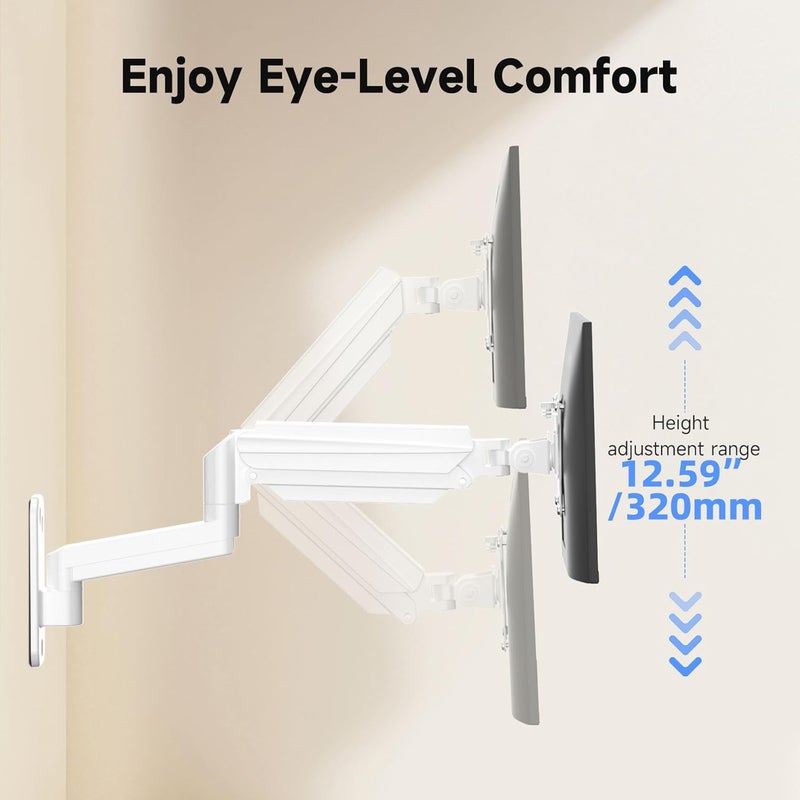 سوبتيكس حامل شاشة سوبتيك للجدار للشاشات LED/LCD/TV مقاس 13-32 بوصة حتى 9 كجم، حامل شاشة مزود بنابض غاز قابل للتعديل بالكامل، قابل لضبط الارتفاع، والميل، والدوران، والاستدارة، VESA 75/100، أبيض - Image 4