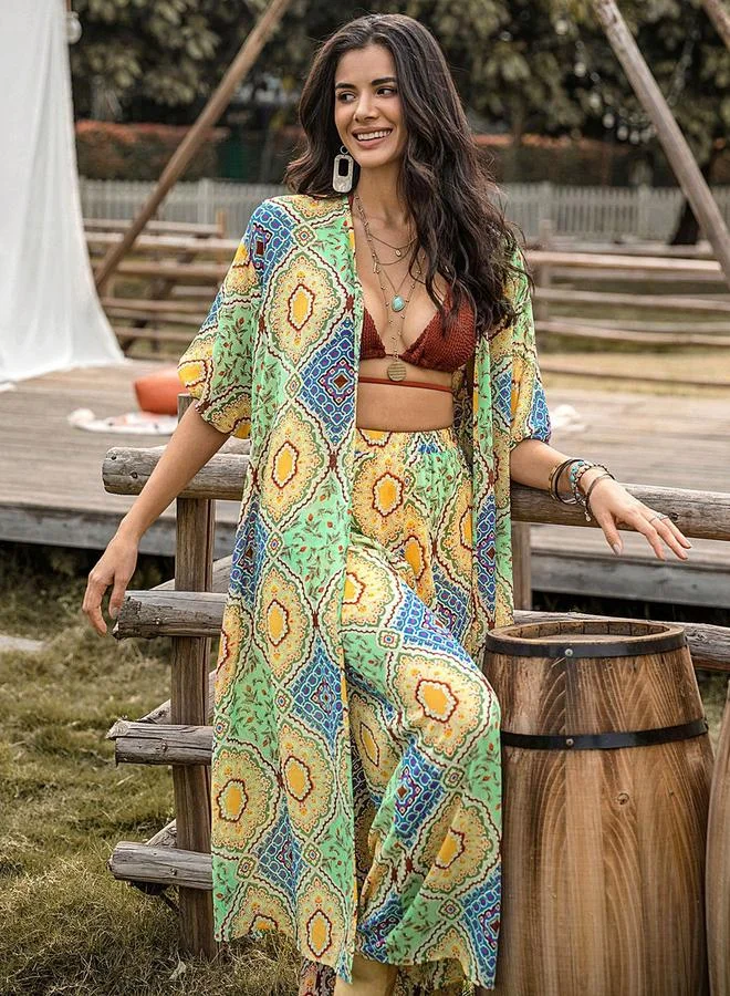 Take Two Take Two All-Over Print Kimono and Wide Leg Pants Co-Ords