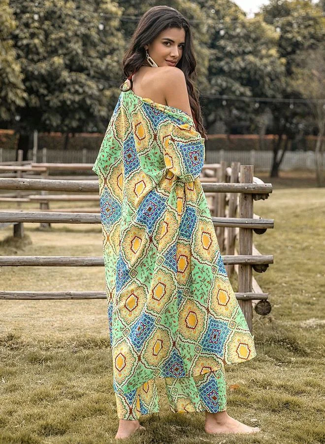 Take Two Take Two All-Over Print Kimono and Wide Leg Pants Co-Ords