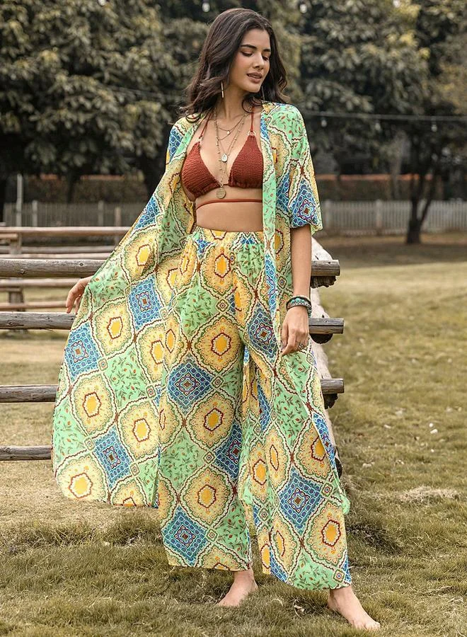 Take Two Take Two All-Over Print Kimono and Wide Leg Pants Co-Ords