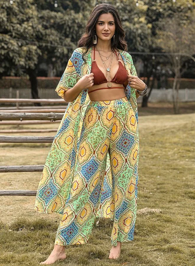 Take Two Take Two All-Over Print Kimono and Wide Leg Pants Co-Ords