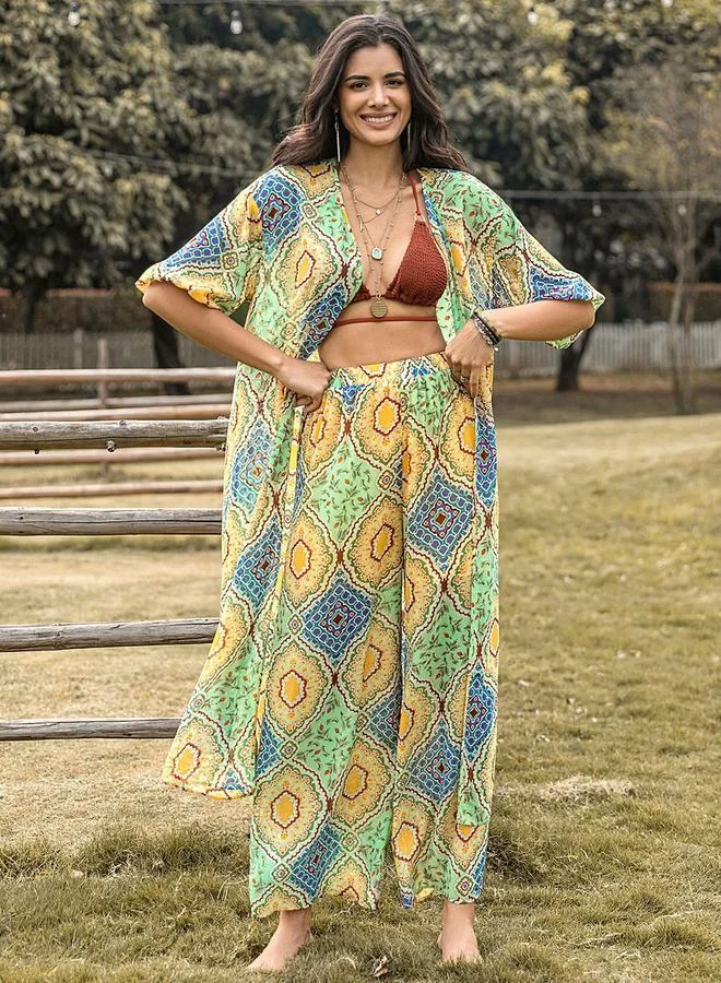 Take Two Take Two All-Over Print Kimono and Wide Leg Pants Co-Ords