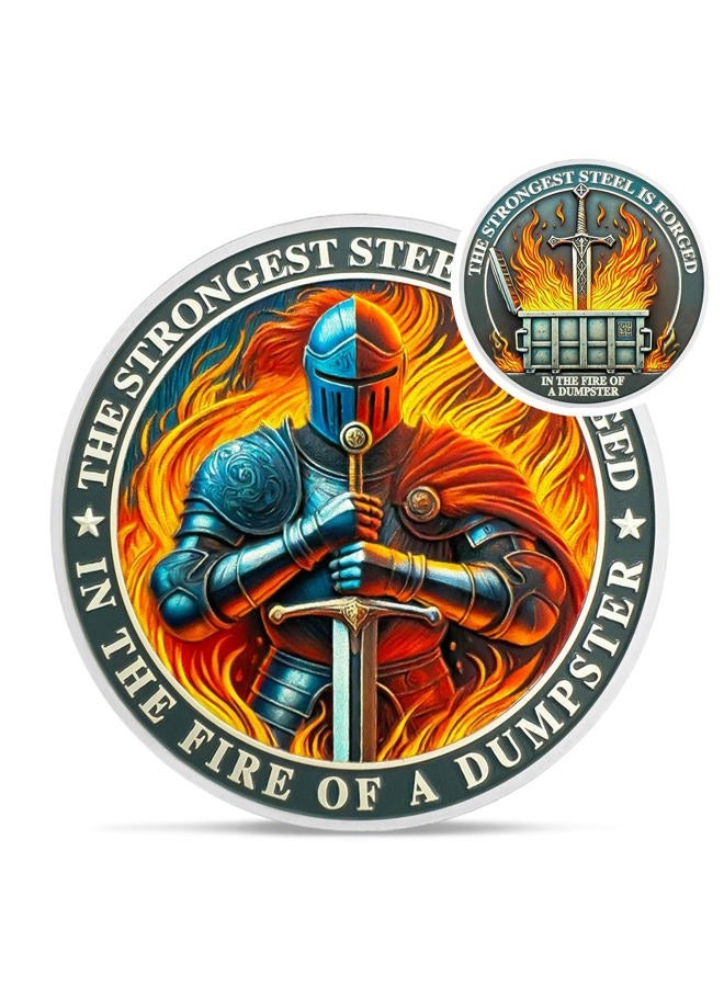 IELCJJ Knight Dumpster Fire Challenge Coin - The Strongest Steel is Forged Dumpster Fire Coin - Funny Desk Accessories for Work - Hilarious Coworker Go Away Token - Inspirational Gifts for Men Women Teacher - Image 1