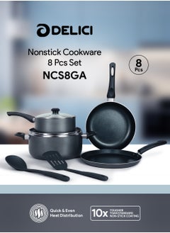DELICI 8 Pcs Nonstick Cookware Set with 10X Tougher Coating, Quick Heat Distribution, Hot Plate, Halogen, Ceramic & Gas Compatible – Includes 24cm Saucepan with Glass Lid, 24cm Frypan, 26cm Tawa Pan, 18cm Milk Pan, and 2 Nylon Turners  - Image 1