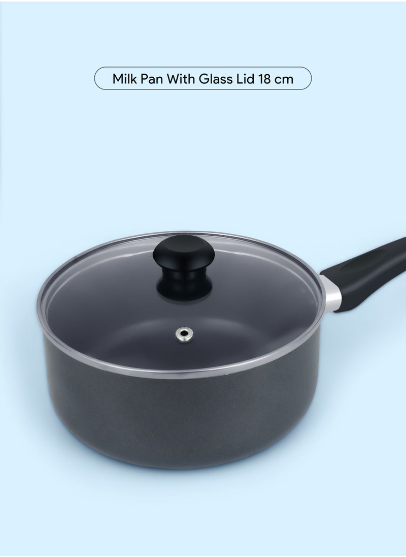 DELICI - 8 Pcs Nonstick Cookware Set with 10X Tougher Coating, Quick Heat Distribution, Hot Plate, Halogen, Ceramic & Gas Compatible – Includes 24cm Saucepan with Glass Lid, 24cm Frypan, 26cm Tawa Pan, 18cm Milk Pan, and 2 Nylon Turners - Image 1