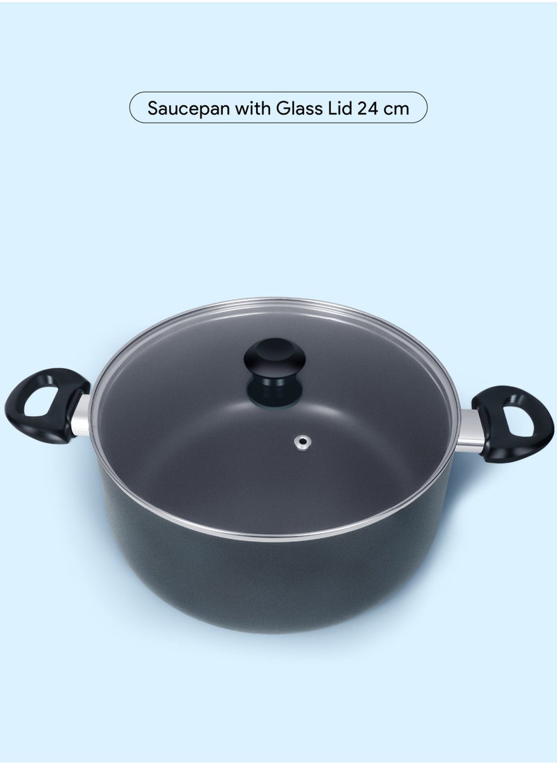 DELICI - 8 Pcs Nonstick Cookware Set with 10X Tougher Coating, Quick Heat Distribution, Hot Plate, Halogen, Ceramic & Gas Compatible – Includes 24cm Saucepan with Glass Lid, 24cm Frypan, 26cm Tawa Pan, 18cm Milk Pan, and 2 Nylon Turners - Image 1