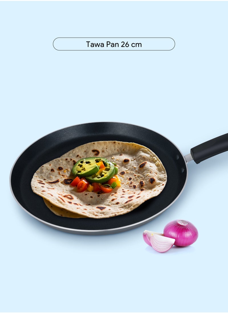 DELICI 8 Pcs Nonstick Cookware Set with 10X Tougher Coating, Quick Heat Distribution, Hot Plate, Halogen, Ceramic & Gas Compatible – Includes 24cm Saucepan with Glass Lid, 24cm Frypan, 26cm Tawa Pan, 18cm Milk Pan, and 2 Nylon Turners  - Image 4