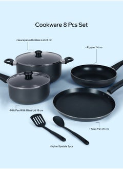 DELICI 8 Pcs Nonstick Cookware Set with 10X Tougher Coating, Quick Heat Distribution, Hot Plate, Halogen, Ceramic & Gas Compatible – Includes 24cm Saucepan with Glass Lid, 24cm Frypan, 26cm Tawa Pan, 18cm Milk Pan, and 2 Nylon Turners  - Image 2