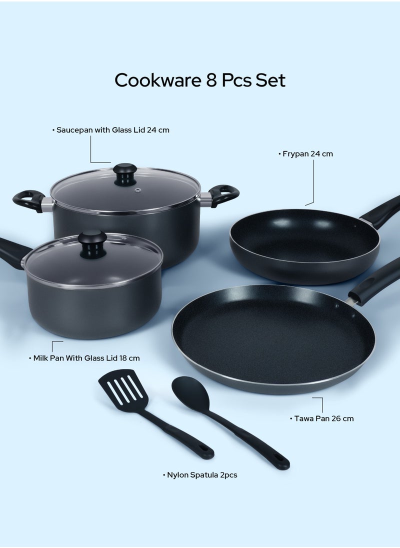 DELICI 8 Pcs Nonstick Cookware Set with 10X Tougher Coating, Quick Heat Distribution, Hot Plate, Halogen, Ceramic & Gas Compatible – Includes 24cm Saucepan with Glass Lid, 24cm Frypan, 26cm Tawa Pan, 18cm Milk Pan, and 2 Nylon Turners  - Image 2