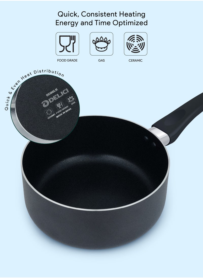 DELICI 8 Pcs Nonstick Cookware Set with 10X Tougher Coating, Quick Heat Distribution, Hot Plate, Halogen, Ceramic & Gas Compatible – Includes 24cm Saucepan with Glass Lid, 24cm Frypan, 26cm Tawa Pan, 18cm Milk Pan, and 2 Nylon Turners  - Image 3