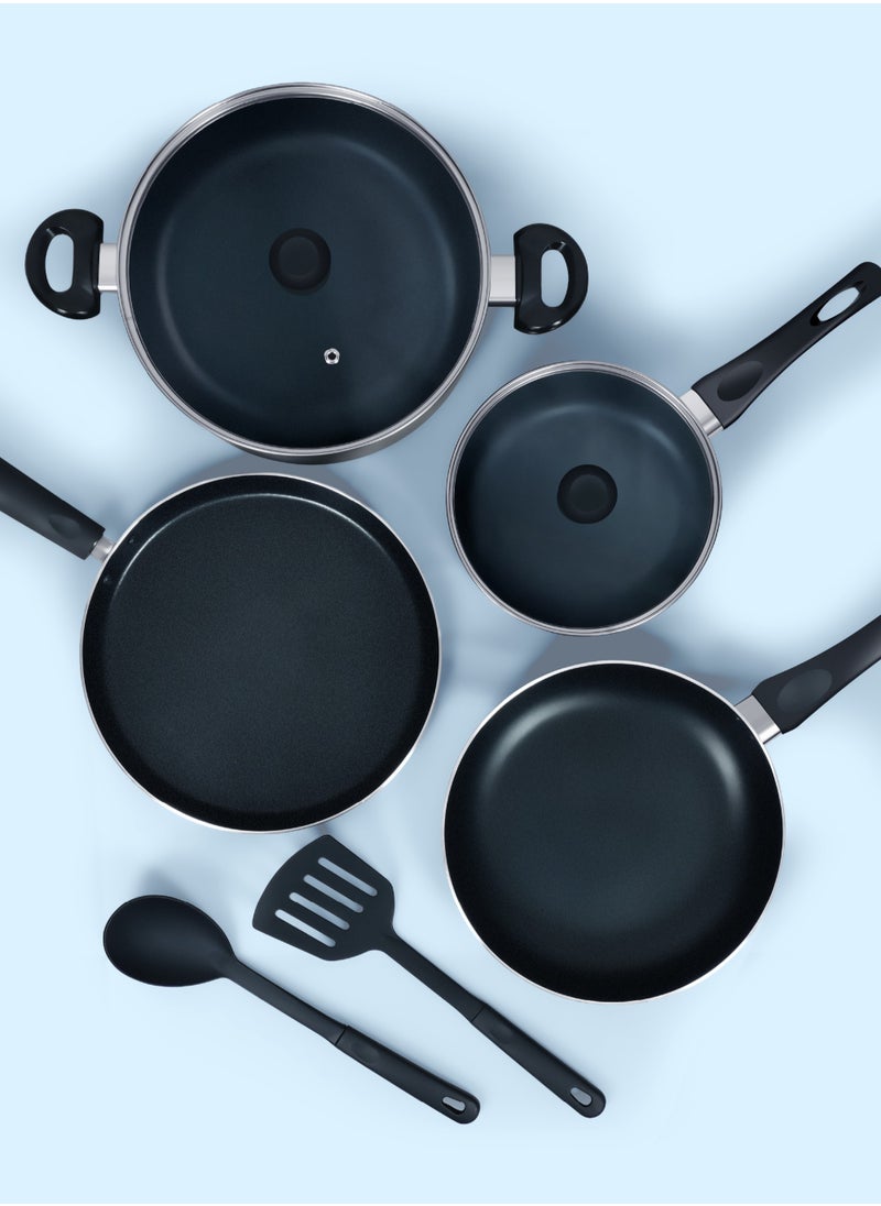 DELICI - 8 Pcs Nonstick Cookware Set with 10X Tougher Coating, Quick Heat Distribution, Hot Plate, Halogen, Ceramic & Gas Compatible – Includes 24cm Saucepan with Glass Lid, 24cm Frypan, 26cm Tawa Pan, 18cm Milk Pan, and 2 Nylon Turners - Image 1