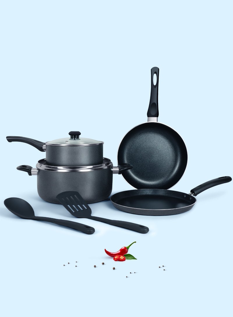 DELICI 8 Pcs Nonstick Cookware Set with 10X Tougher Coating, Quick Heat Distribution, Hot Plate, Halogen, Ceramic & Gas Compatible – Includes 24cm Saucepan with Glass Lid, 24cm Frypan, 26cm Tawa Pan, 18cm Milk Pan, and 2 Nylon Turners  - Image 2