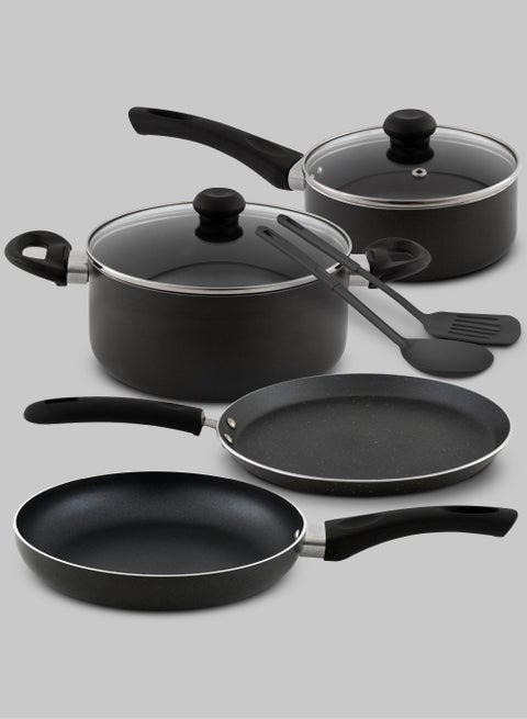 8 Pcs Nonstick Cookware Set with 10X Tougher Coating, Quick Heat Distribution, Hot Plate, Halogen, Ceramic & Gas Compatible – Includes 24cm Saucepan with Glass Lid, 24cm Frypan, 26cm Tawa Pan, 18cm Milk Pan, and 2 Nylon Turners - NCS8GA