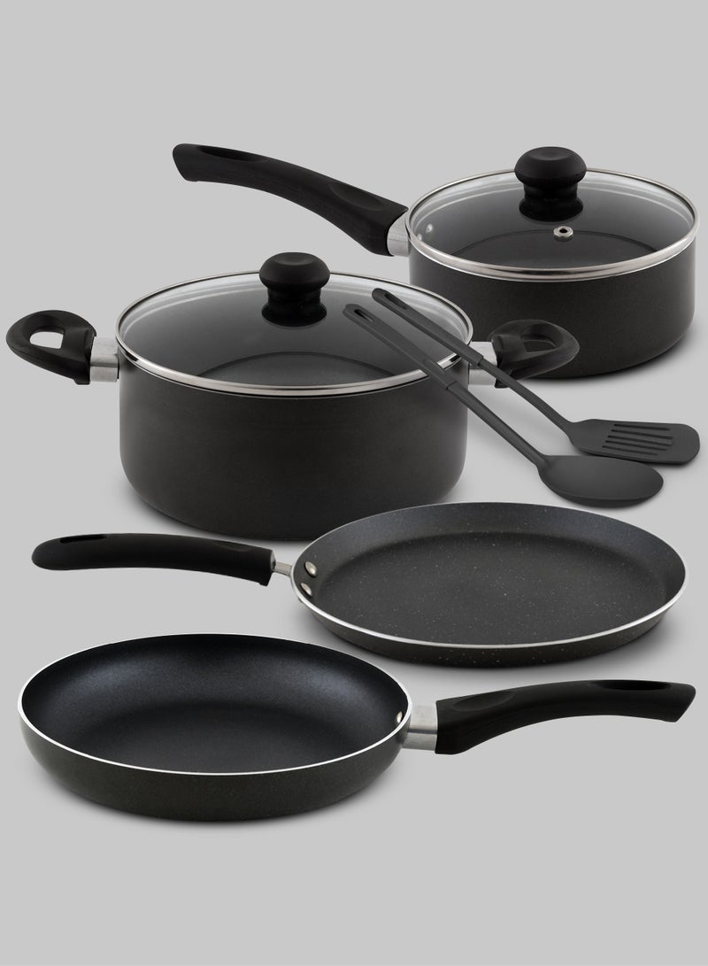 DELICI 8 Pcs Nonstick Cookware Set with 10X Tougher Coating, Quick Heat Distribution, Hot Plate, Halogen, Ceramic & Gas Compatible – Includes 24cm Saucepan with Glass Lid, 24cm Frypan, 26cm Tawa Pan, 18cm Milk Pan, and 2 Nylon Turners - NCS8GA  - Image 1