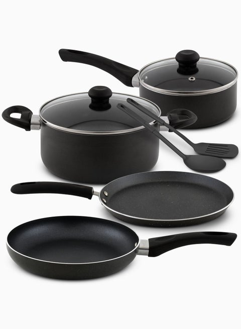 8 Pcs Nonstick Cookware Set with 10X Tougher Coating, Quick Heat Distribution, Hot Plate, Halogen, Gas, Electric, Ceramic, Induction Compatible – Includes 24cm Saucepan with Glass Lid, 24cm Frypan, 26cm Tawa Pan, 18cm Milk Pan, and 2 Nylon Turners - NCS8GA