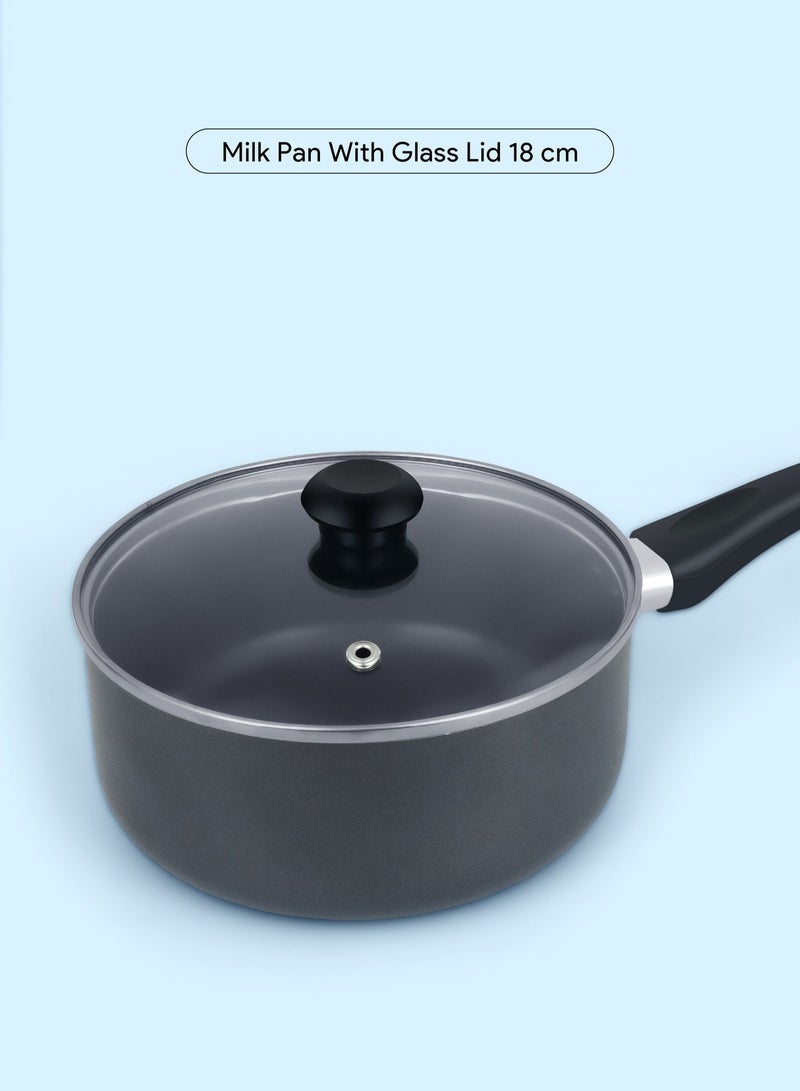 ديليتشي طقم أواني طهي غير لاصقة مكون من 8 قطع، بطبقة أكثر متانة 10 مرات، لتوزيع سريع للحرارة، متوافق مع مواقد الهالوجين والغاز والكهرباء والسيراميك والحث الحراري - يتضمن قدر صلصة 24 سم بغطاء زجاجي، ومقلاة 24 سم، ومقلاة تاوا 26 سم، وقدر حليب 18 سم، وملعقتين من النايلون - NCS8GA - Image 5