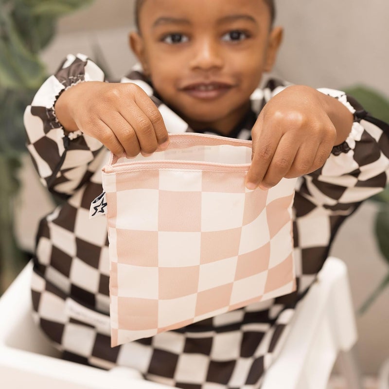 Tiny Twinkle 5 Pack Reusable Snack Bags - Machine Washable, PFAS, PVC, BPA, Phthalate-Free Reusable Baby and Toddler Food Safe Snack Bags (Checkers Pink Brown) - Image 4