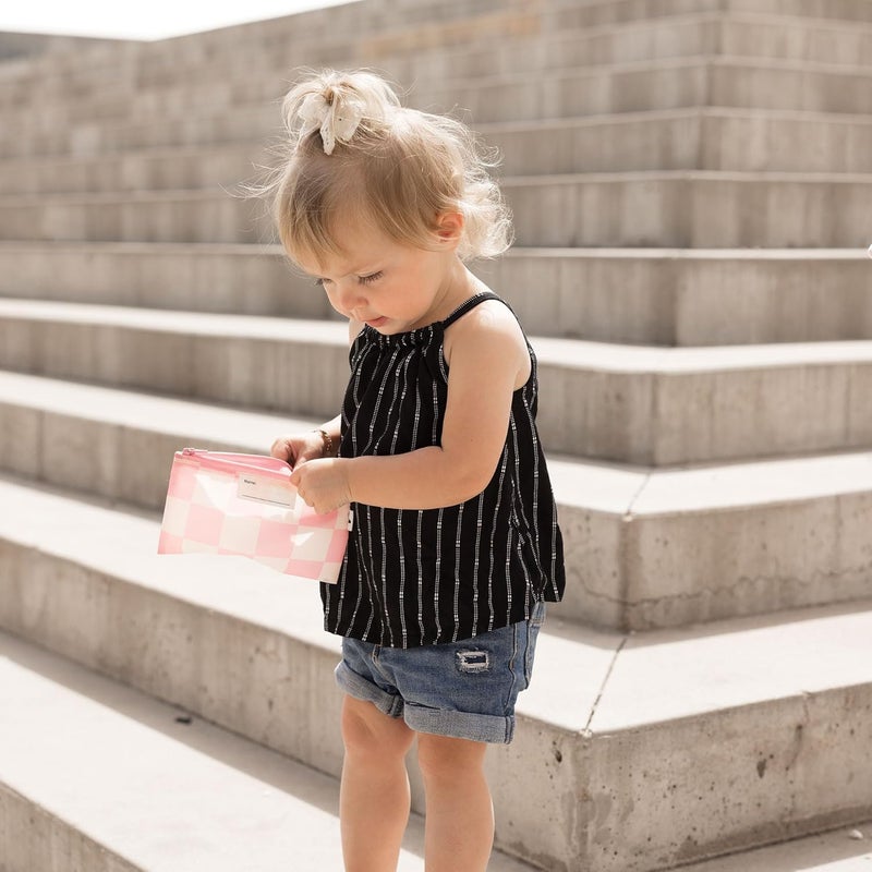 Tiny Twinkle 5 Pack Reusable Snack Bags - Machine Washable, PFAS, PVC, BPA, Phthalate-Free Reusable Baby and Toddler Food Safe Snack Bags (Checkers Pink Brown) - Image 2