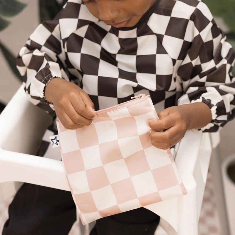 Tiny Twinkle 5 Pack Reusable Snack Bags - Machine Washable, PFAS, PVC, BPA, Phthalate-Free Reusable Baby and Toddler Food Safe Snack Bags (Checkers Pink Brown) - Image 3