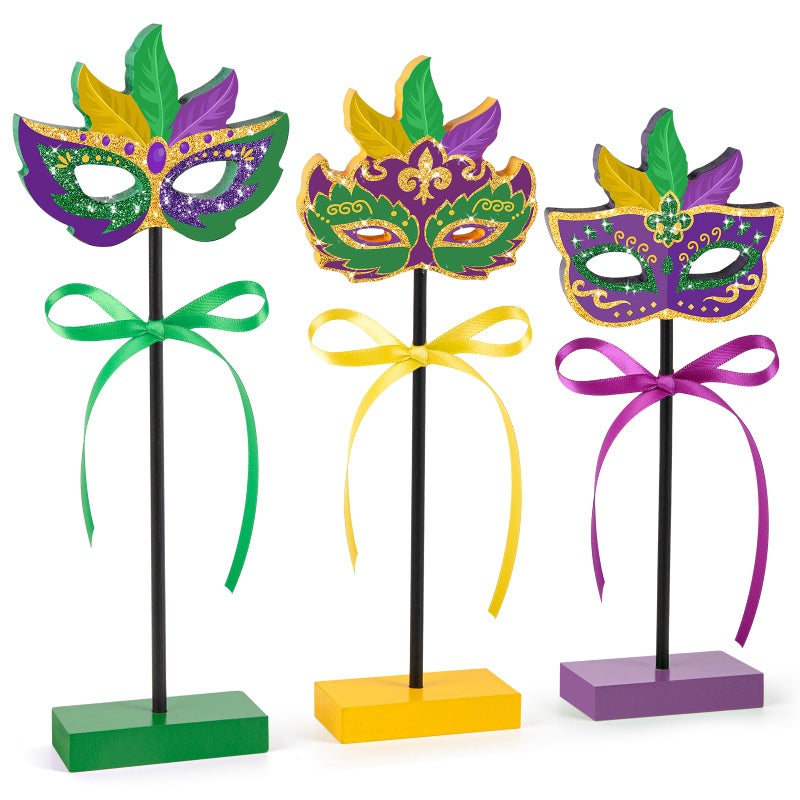 Sereliy 3 PCS Mardi Gras Table Decorations Wooden Mask Set Glitter Mardi Gras Signs for Party Home Kitchen Decor (Mask) - Image 1