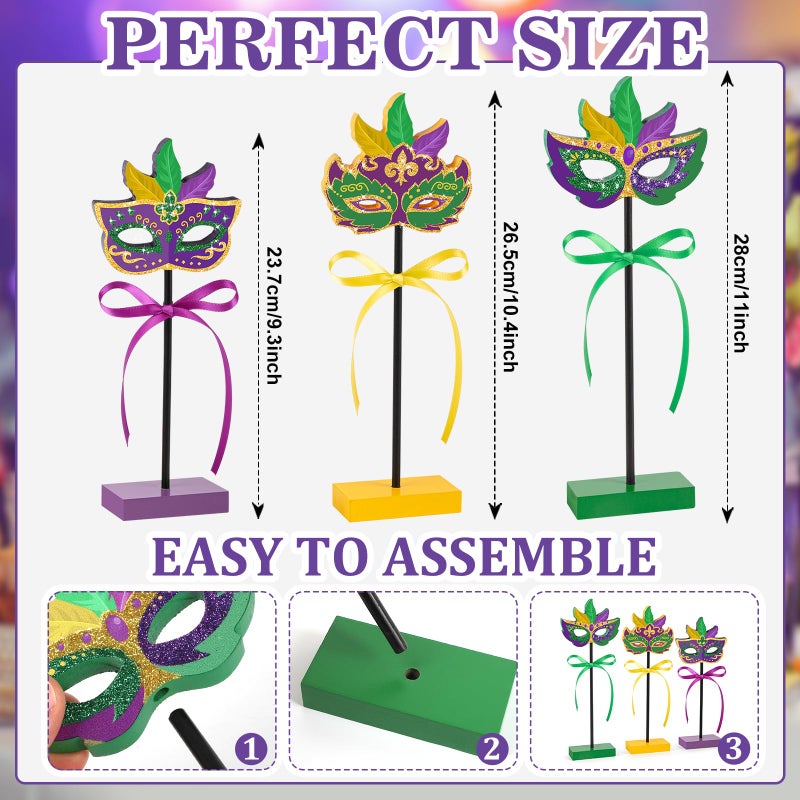 Sereliy 3 PCS Mardi Gras Table Decorations Wooden Mask Set Glitter Mardi Gras Signs for Party Home Kitchen Decor (Mask) - Image 3