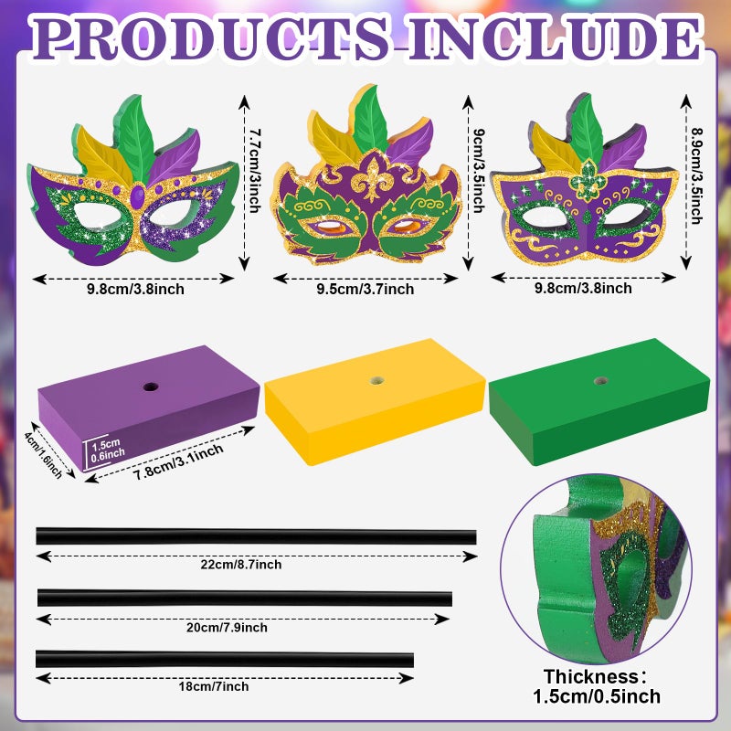 Sereliy 3 PCS Mardi Gras Table Decorations Wooden Mask Set Glitter Mardi Gras Signs for Party Home Kitchen Decor (Mask) - Image 4