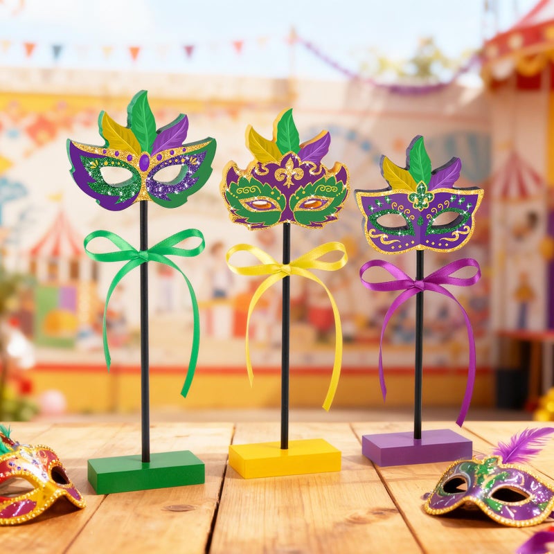 Sereliy 3 PCS Mardi Gras Table Decorations Wooden Mask Set Glitter Mardi Gras Signs for Party Home Kitchen Decor (Mask) - Image 2