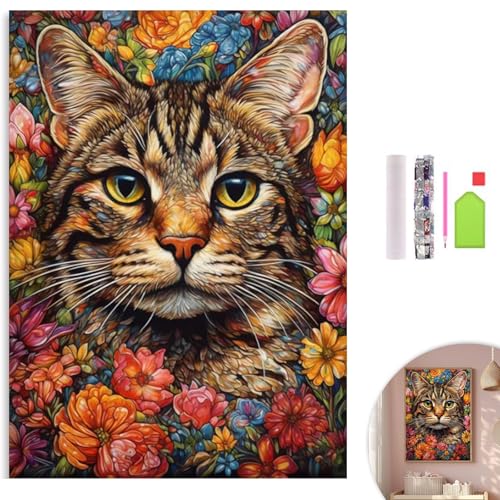 KICHANG Flower Cat Diamond Painting Kits,5D Diamond Painting Diamond Art,Round Full Drill Diamond Art Kits Diamond Dots Crafts for Home Decor Gift-12x16in - Image 1