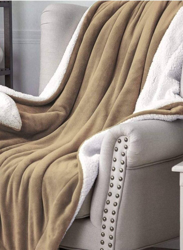 Reversible Sherpa  Flannel Soft Bed Blanket King Beige 130x160cm - Image 2