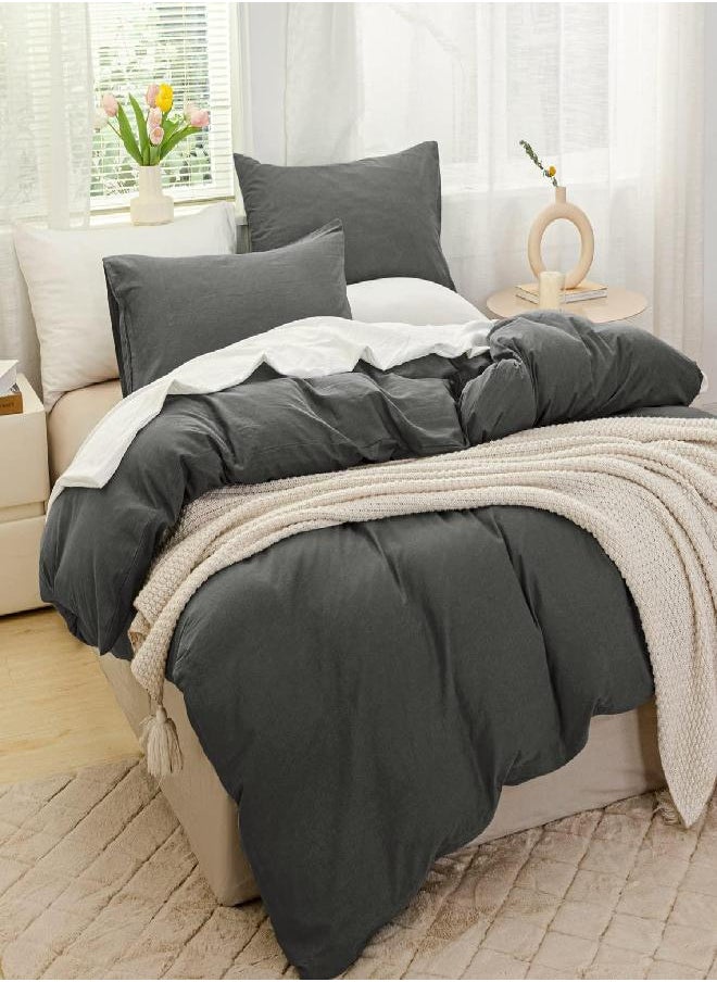 JELLYMONI JELLYMONI Grey 100% Washed Cotton Duvet Cover Set, 2 Pieces Luxury Soft Bedding Set with Zipper Closure. Solid Color Pattern Duvet Cover Twin Size(No Comforter)  - Image 2