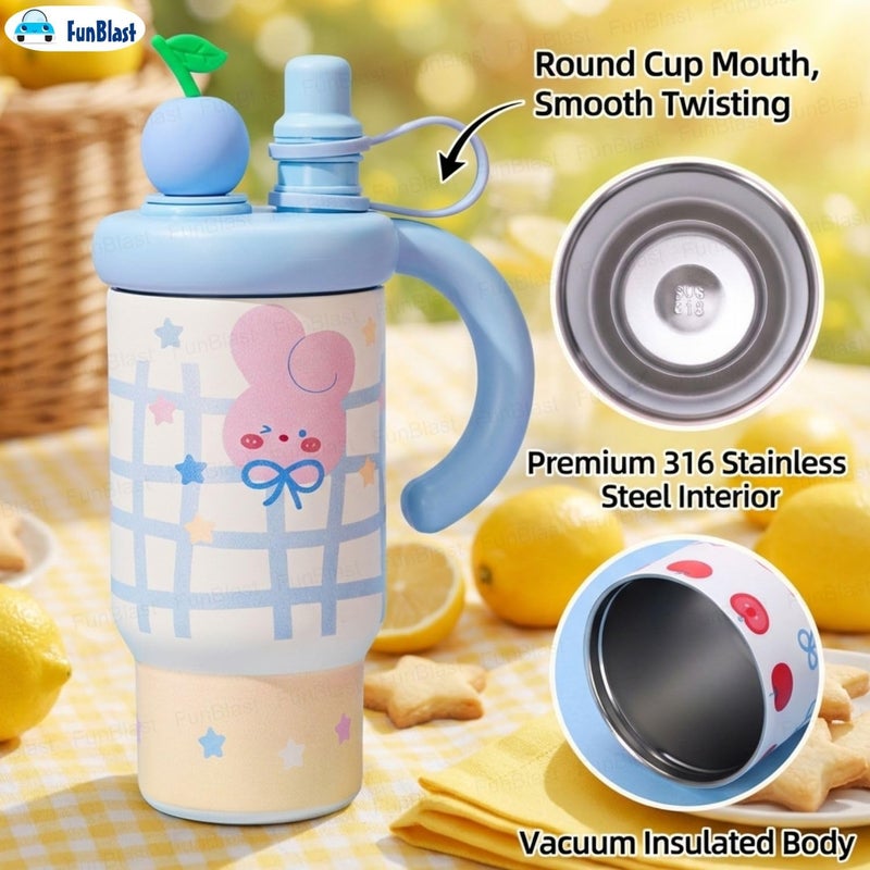 FunBlast كوب تامبلر معزول لطيف للفتيات - 800 مل مع شربه ومقبض، تامبلر كوري، كوب شرب خالي من BPA ومضاد للتسرب للمدرسة والسفر والمنزل، هدية للفتيات (أزرق) - Image 4