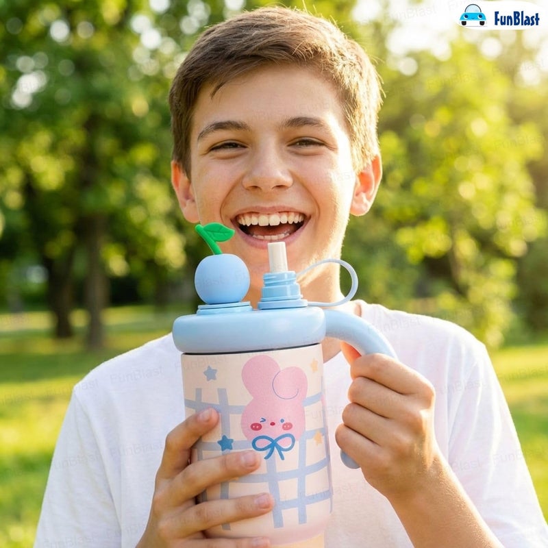 FunBlast كوب تامبلر معزول لطيف للفتيات - 800 مل مع شربه ومقبض، تامبلر كوري، كوب شرب خالي من BPA ومضاد للتسرب للمدرسة والسفر والمنزل، هدية للفتيات (أزرق) - Image 2